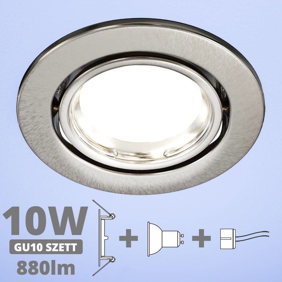 LED szpot szett: mattkróm bill. keret + 10 Wattos, hideg fehér GU10 LED lámpa + GU10 csatlakozó (kettesével rendelhető)
