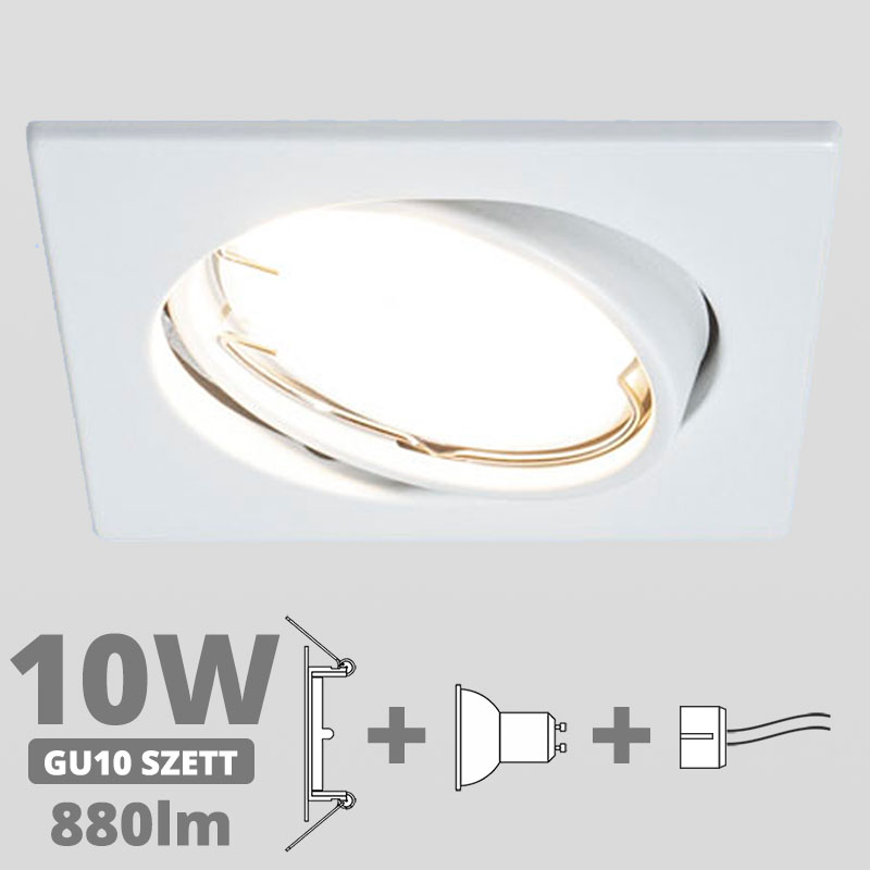 LED szpot szett: fehér bill. keret, négyzet + 10 Wattos, term. fehér GU10 LED lámpa + GU10 csatlakozó