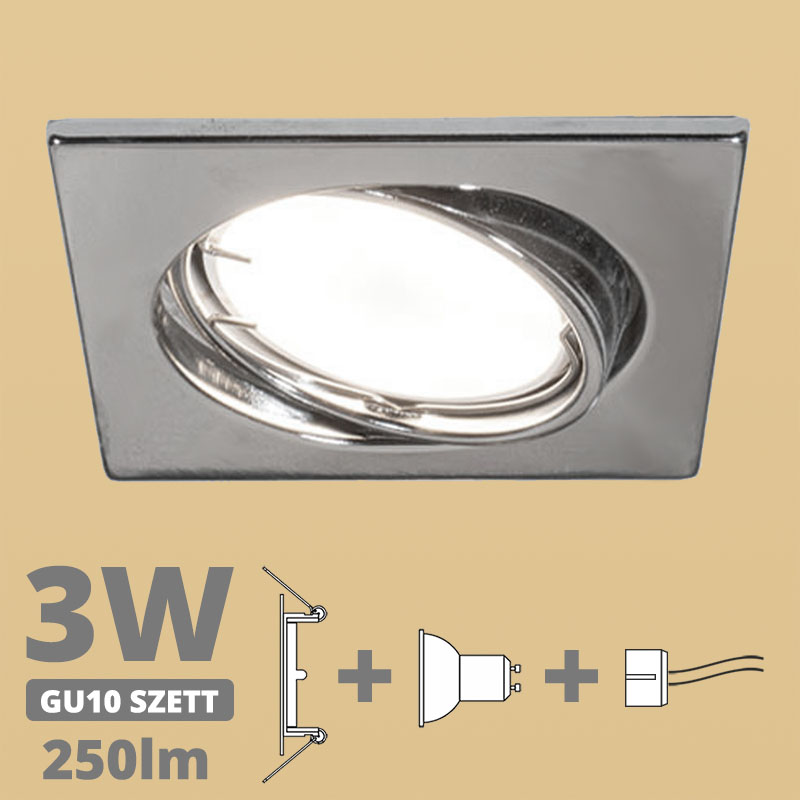 LED szpot szett: króm bill. keret, négyzet + 3 Wattos, meleg fehér GU10 LED lámpa + GU10 csatlakozó (kettesével rendelhető)