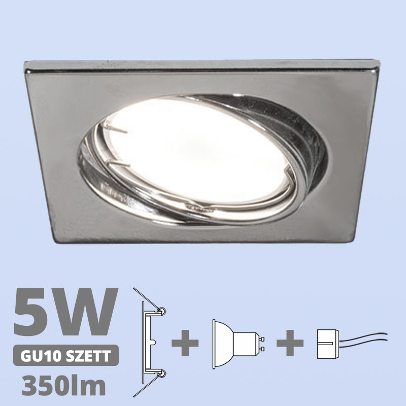 LED szpot szett: króm bill. keret, négyzet + 4.5 Wattos, hideg fehér GU10 LED lámpa + GU10 csatlakozó (kettesével rendelhető)