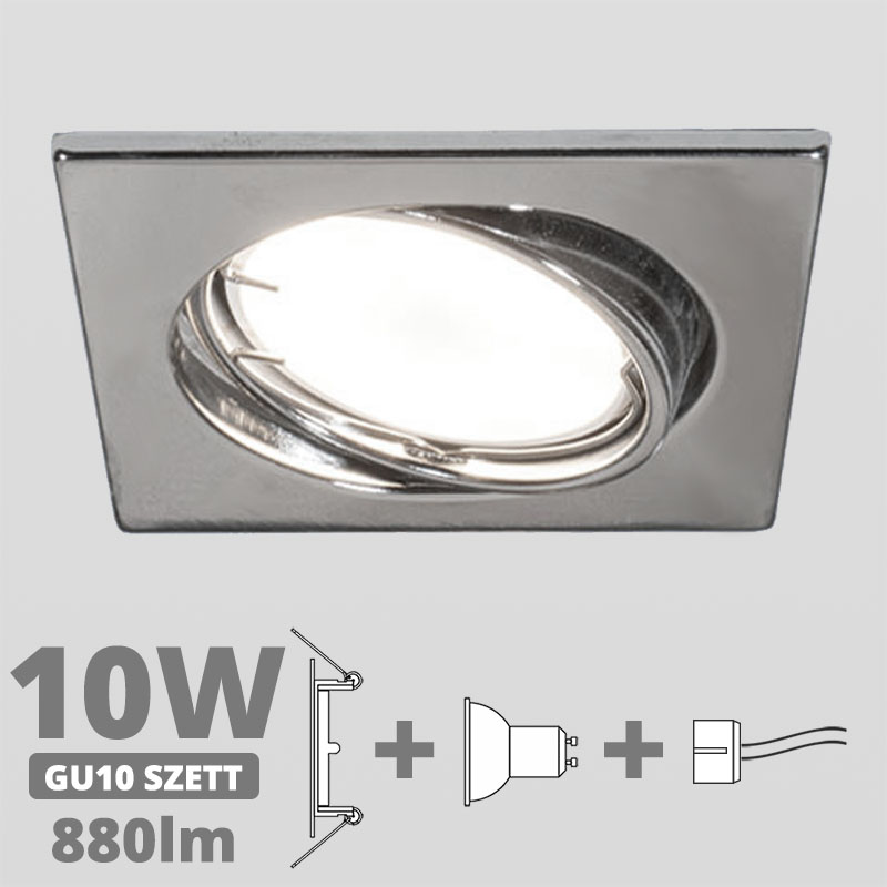LED szpot szett: króm bill. keret, négyzet + 10 Wattos, term. fehér GU10 LED lámpa + GU10 csatlakozó (kettesével rendelhető)