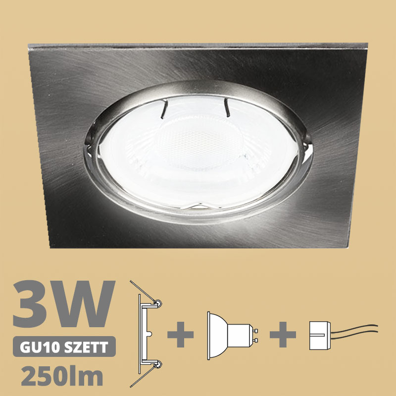 LED szpot szett: mattkróm bill. keret, négyzet + 3 Wattos, meleg fehér GU10 LED lámpa + GU10 csatlakozó (kettesével rendelhető)