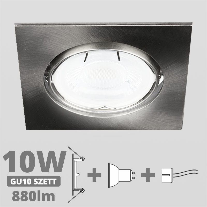 LED szpot szett: mattkróm bill. keret, négyzet + 10 Wattos, term. fehér GU10 LED lámpa + GU10 csatlakozó (kettesével rendelhető)