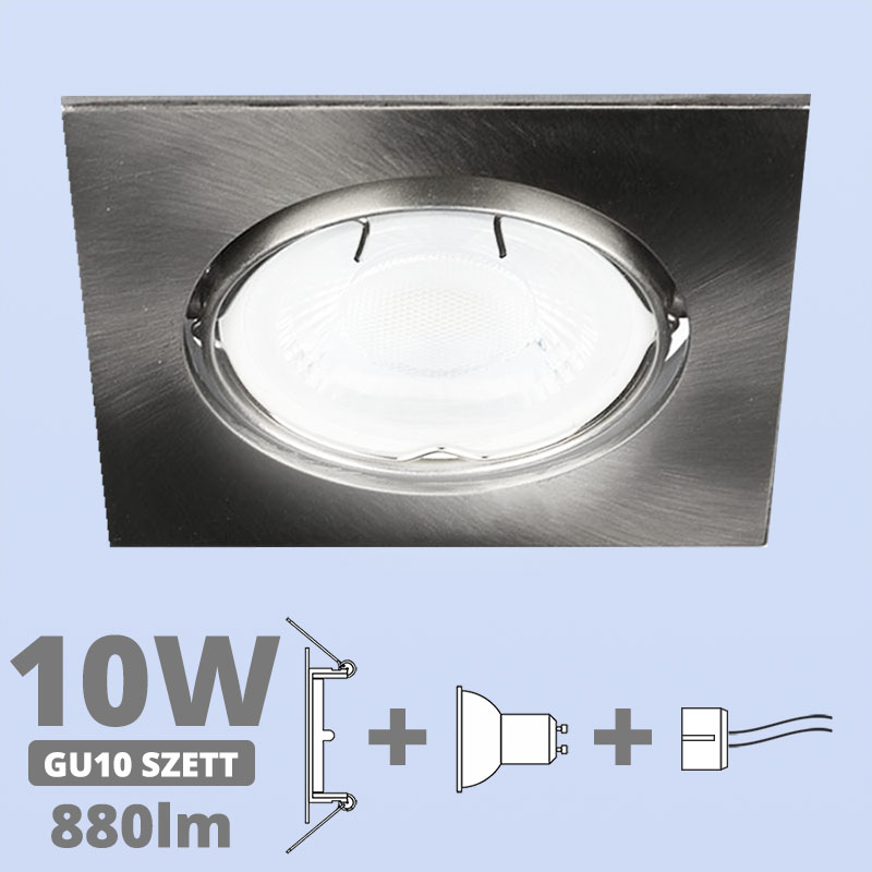 LED szpot szett: mattkróm bill. keret, négyzet + 10 Wattos, hideg fehér GU10 LED lámpa + GU10 csatlakozó (kettesével rendelhető)
