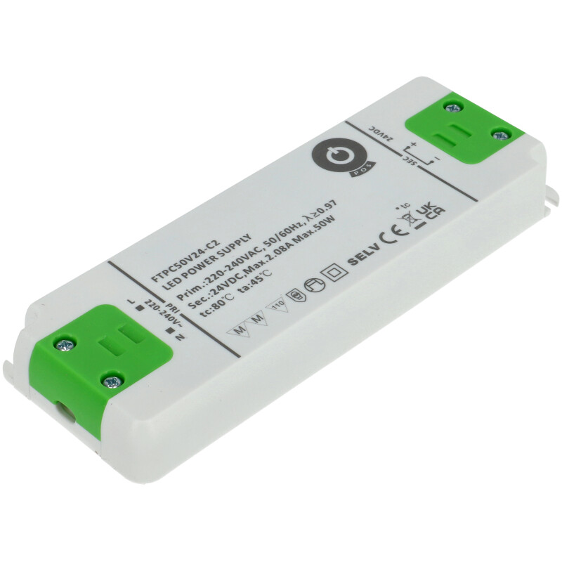 LED tápegység 24 Volt - műanyag házas, ipari (50W/2.08A)