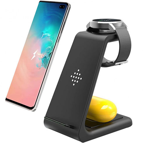 Vezeték nélküli 3in1 töltőállomás Samsung készülékekhez, 18W (9V/2A) - Fekete
