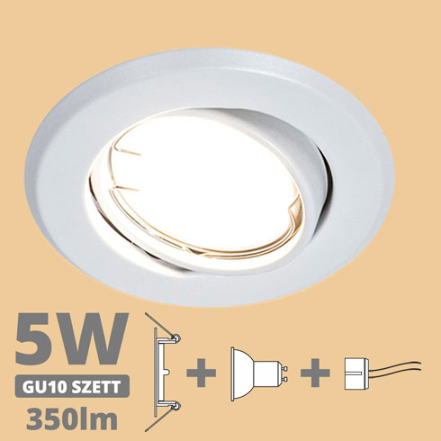 LED szpot szett: fehér bill. keret + 5 Wattos, meleg fehér GU10 LED lámpa + GU10 csatlakozó