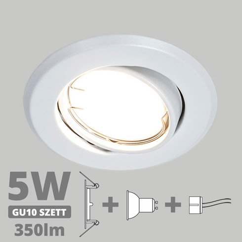 LED szpot szett: fehér bill. keret + 5 Wattos, természetes fehér GU10 LED lámpa + GU10 csatlakozó
