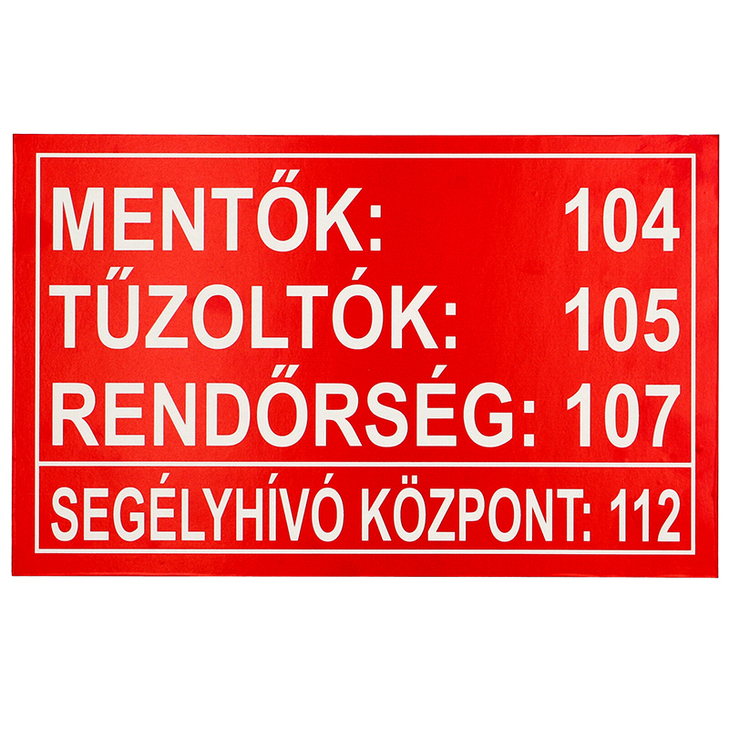 Segélyhívó telefonszámok PVC tábla (40x25 cm)