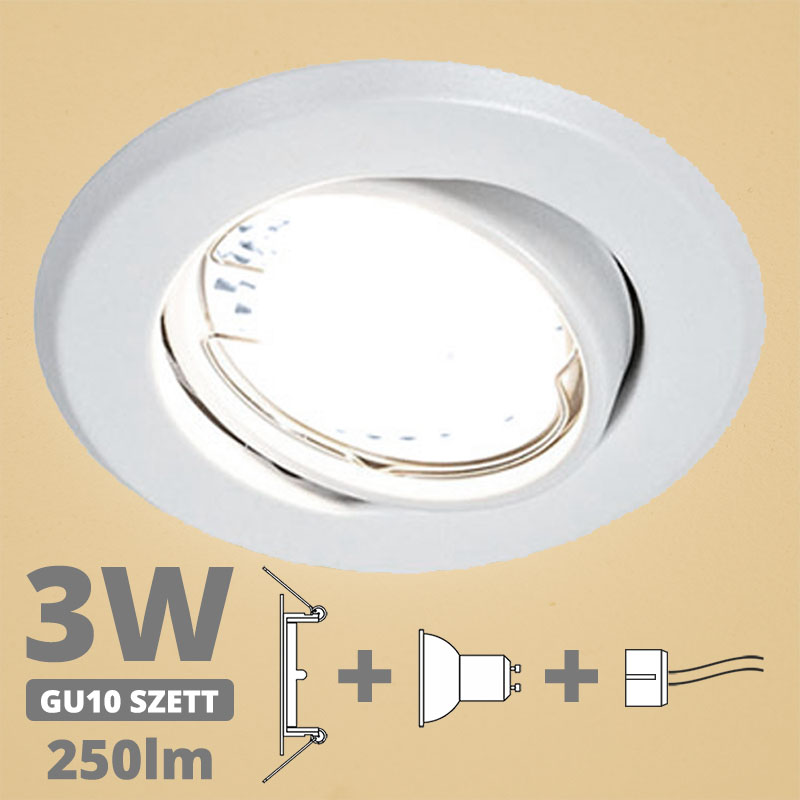 LED szpot szett: fehér bill. keret + 3 Wattos, meleg fehér GU10 LED lámpa + GU10 csatlakozó