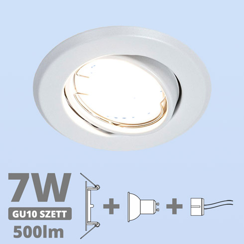 LED szpot szett: fehér bill. keret + 7 Wattos, hideg fehér GU10 LED lámpa + GU10 csatlakozó