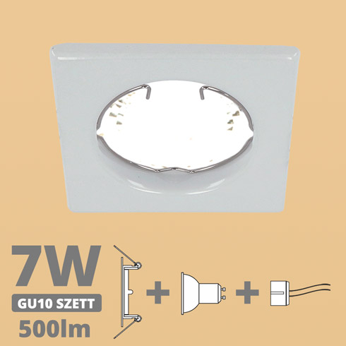 LED szpot szett: fehér keret, négyzet + 7 Wattos, meleg fehér GU10 LED lámpa + GU10 csatlakozó (kettesével rendelhető)
