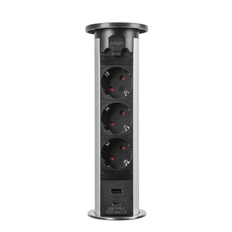 Motoros rejtett elosztó bútorlapba építhető, kör alakú (3-as + 1 USB port + 1 USB-C), ezüst