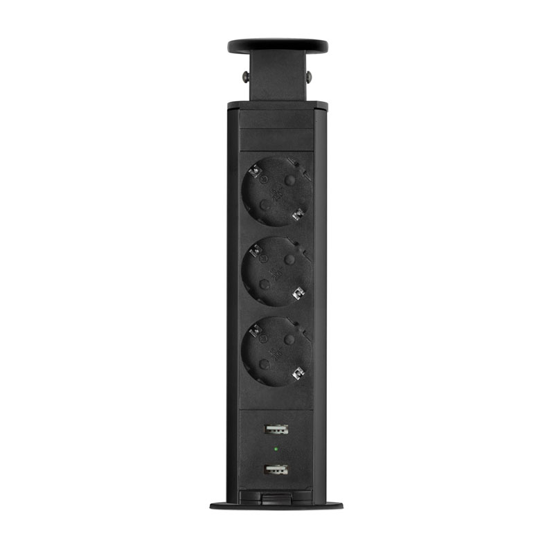 Rejtett elosztó bútorlapba építhető, kör alakú (3-as+2 USB port) matt fekete