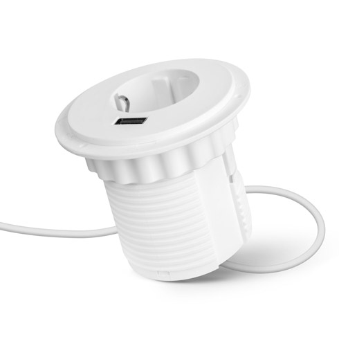 Rejtett elosztó, bútorlapba építhető, kör alakú (1-es+1 USB) fehér