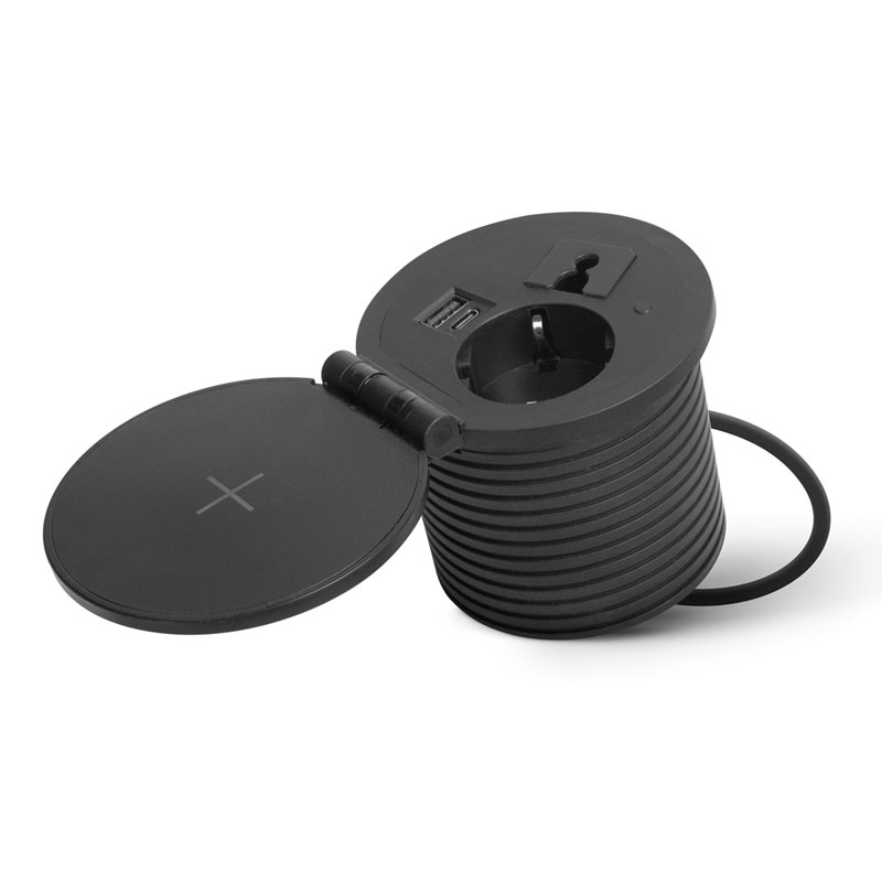 Rejtett elosztó, bútorlapba építhető, kör alakú (1-es+1 USB-A + 1 USB-C) vezeték nélküli töltés, fekete