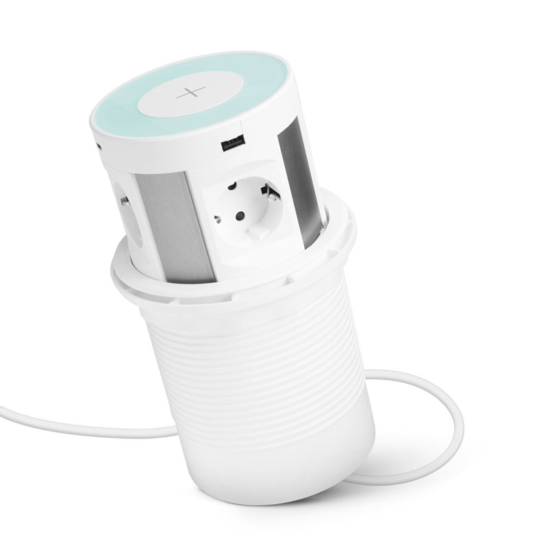 Rejtett elosztó bútorlapba építhető, kör alakú (4-es+2 USB+2 USB-C) vezeték nélküli töltés, fehér