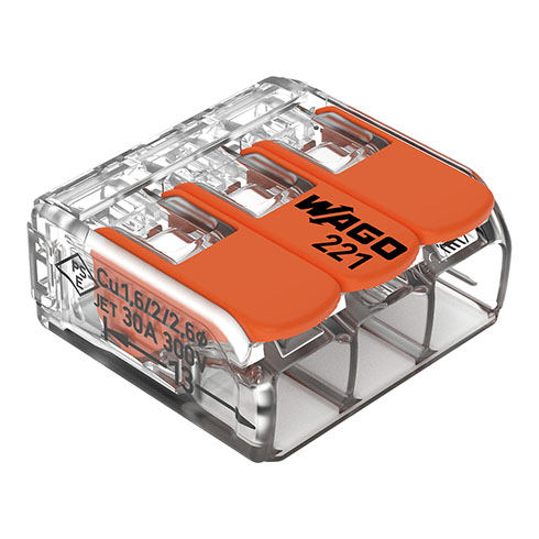 221 Wago új karos (csatos) vezeték összekötő, 3 x 6mm² vezeték nyílásos, átlátszó
