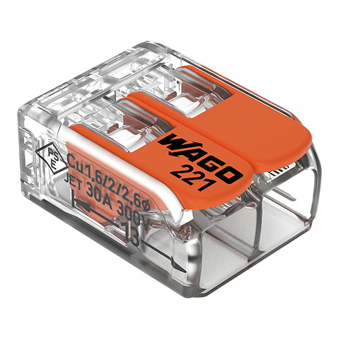 221 Wago új karos (csatos) vezeték összekötő, 2 x 6mm² vezeték nyílásos, átlátszó