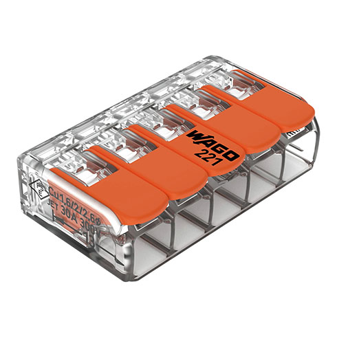 221 Wago új karos (csatos) vezeték összekötő, 5 x 6mm² vezeték nyílásos, átlátszó