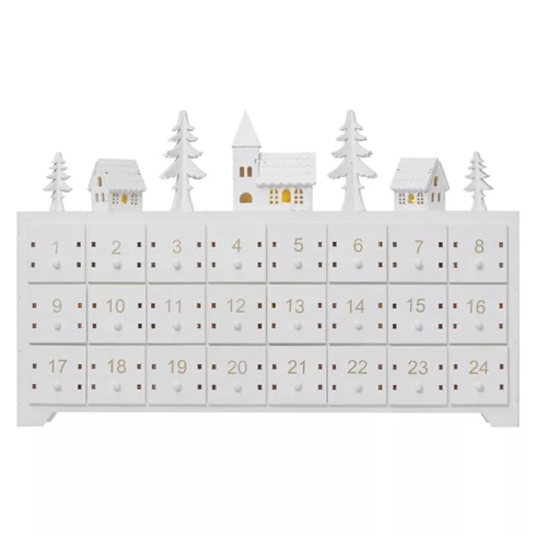 Fa adventi naptár (23x37 cm) elemes, 2xAA, meleg fehér, fehér