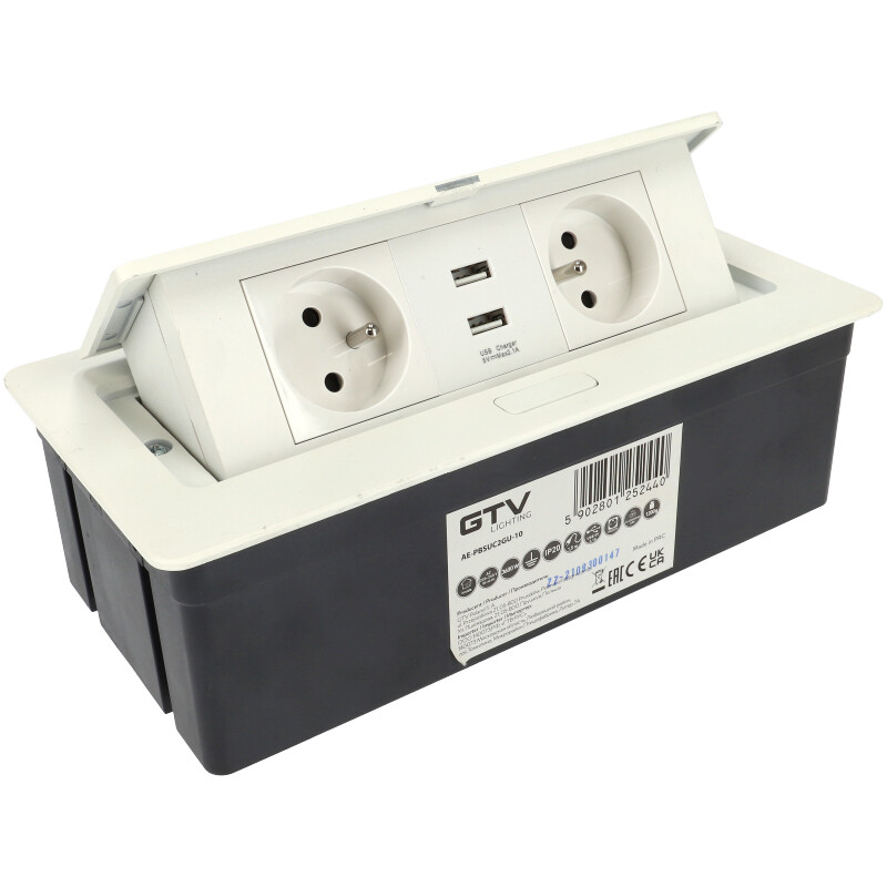 Süllyeszthető rejtett elosztó, téglalap alakú (francia szabványú 2-es, 2 USB) fehér