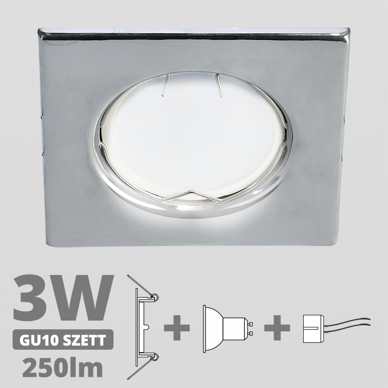 LED szpot szett: króm fix keret, négyzet + 3 Wattos, természetes fehér GU10 LED lámpa + GU10 csatlakozó (kettesével rendelhető)