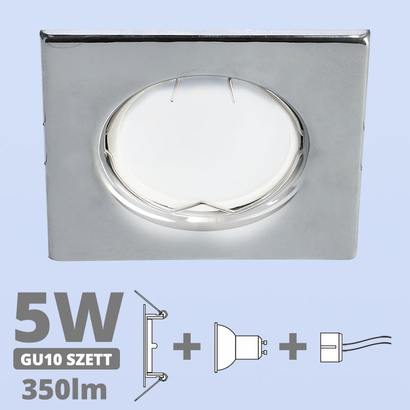LED szpot szett: króm fix keret, négyzet + 4.5 Wattos, hideg fehér GU10 LED lámpa + GU10 csatlakozó (kettesével rendelhető)