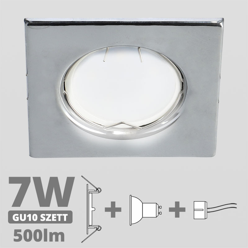 LED szpot szett: króm fix keret, négyzet + 7 Wattos, természetes fehér GU10 LED lámpa + GU10 csatlakozó (kettesével rendelhető)