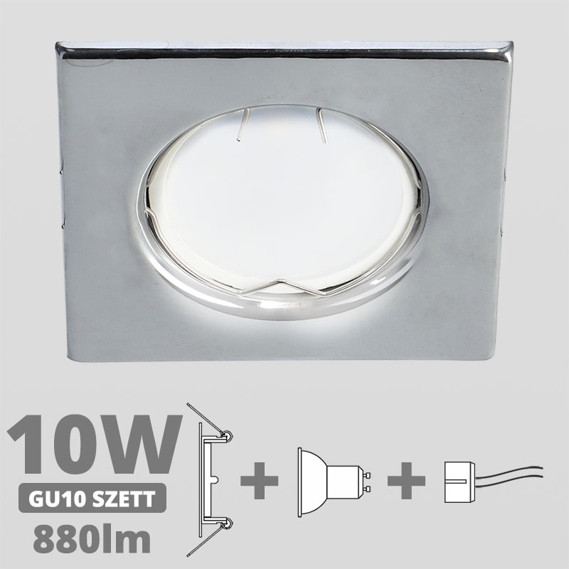 LED szpot szett: króm fix keret, négyzet + 10 Wattos, természetes fehér GU10 LED lámpa + GU10 csatlakozó (kettesével rendelhető)