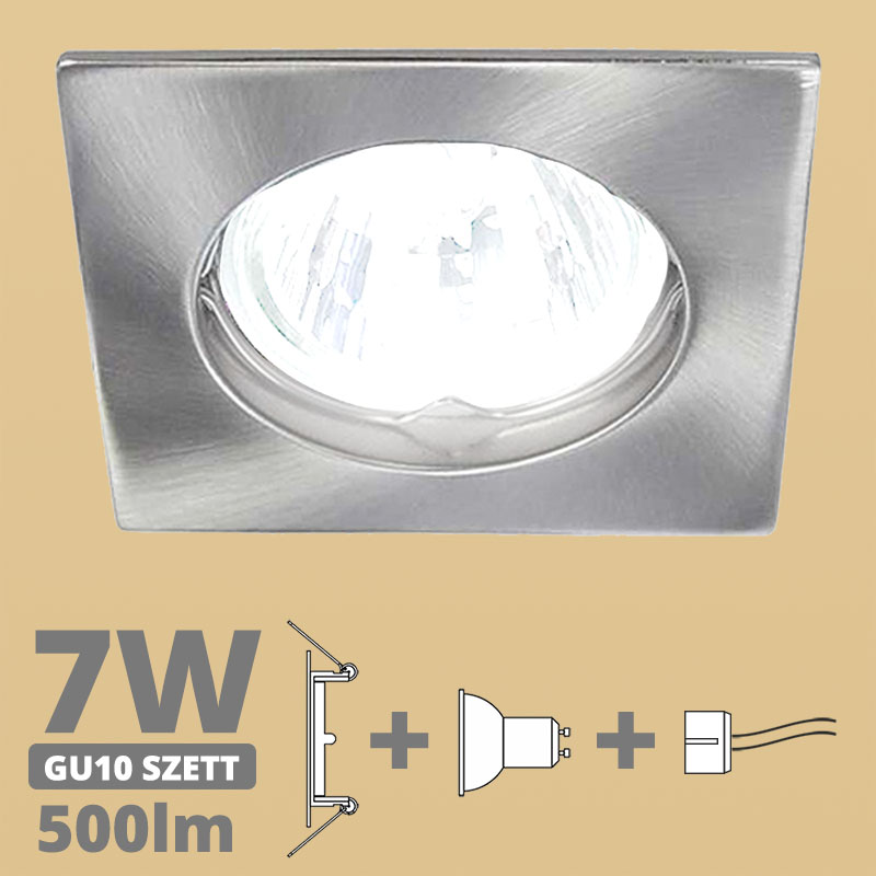 LED szpot szett: mattkróm fix keret, négyzet + 7 Wattos, meleg fehér GU10 LED lámpa + GU10 csatlakozó (kettesével rendelhető)