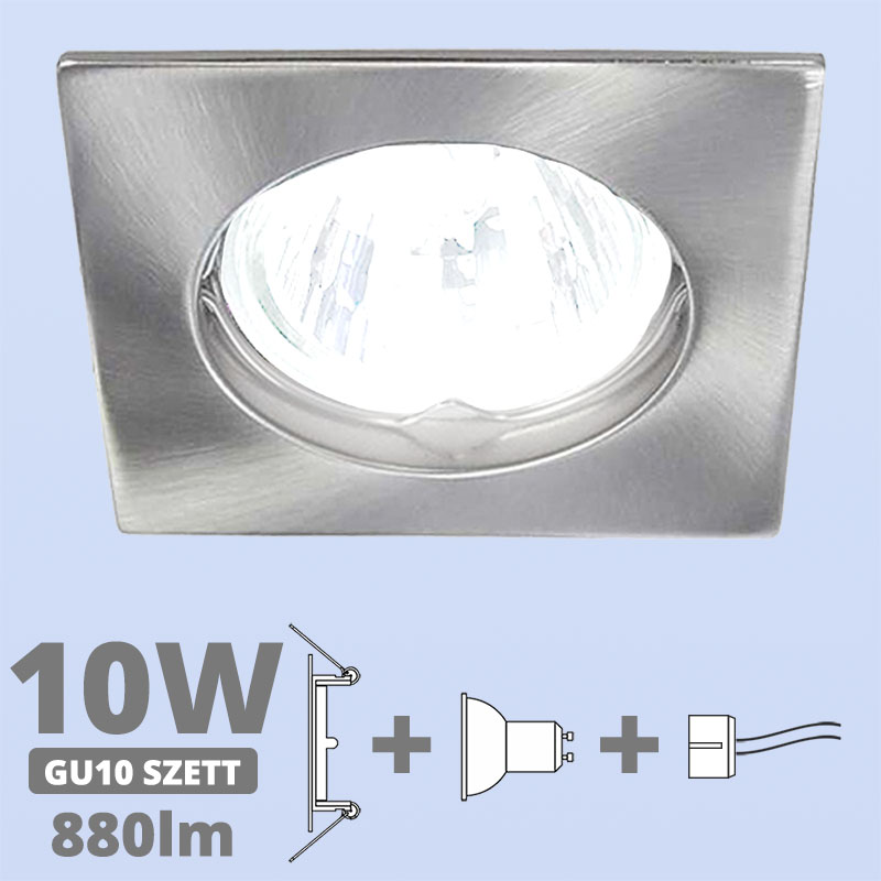 LED szpot szett: mattkróm fix keret, négyzet + 10 Wattos, hideg fehér GU10 LED lámpa + GU10 csatlakozó (kettesével rendelhető)