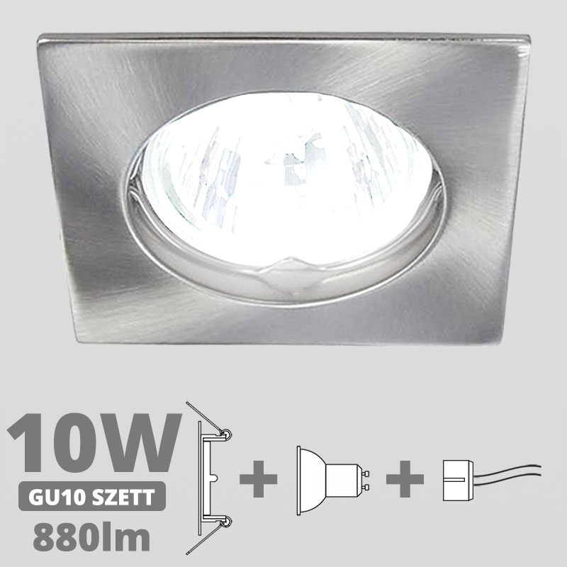 LED szpot szett: mattkróm fix keret, négyzet + 10 Wattos, term. fehér GU10 LED lámpa + GU10 csatlakozó (kettesével rendelhető)