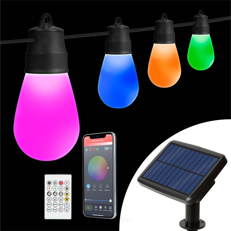 Smart LED napelemes fényfüzér, kültéri - színes filament izzókkal (15 db izzó, 8 méter, 1.3 Watt)