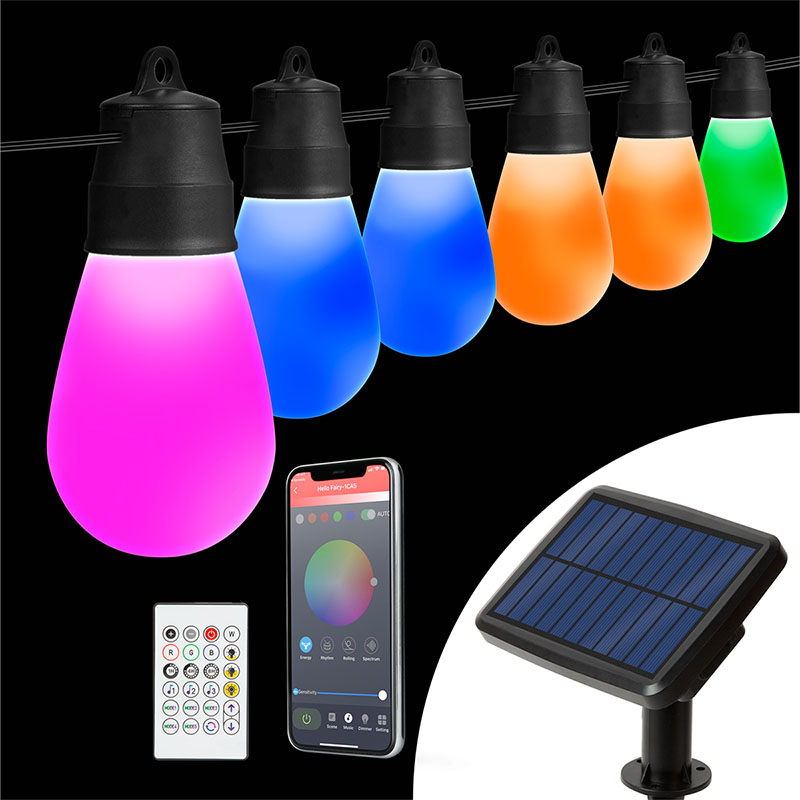 Smart LED napelemes fényfüzér, kültéri - színes filament izzókkal (30 db izzó, 13 méter, 1.3 Watt)