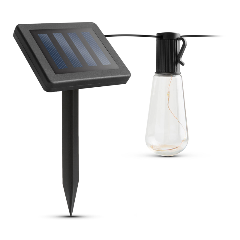 Napelemes LED fényfüzér, kültéri - meleg fehér filament izzókkal (10 db izzó, 3.8 méter, 1 Watt)