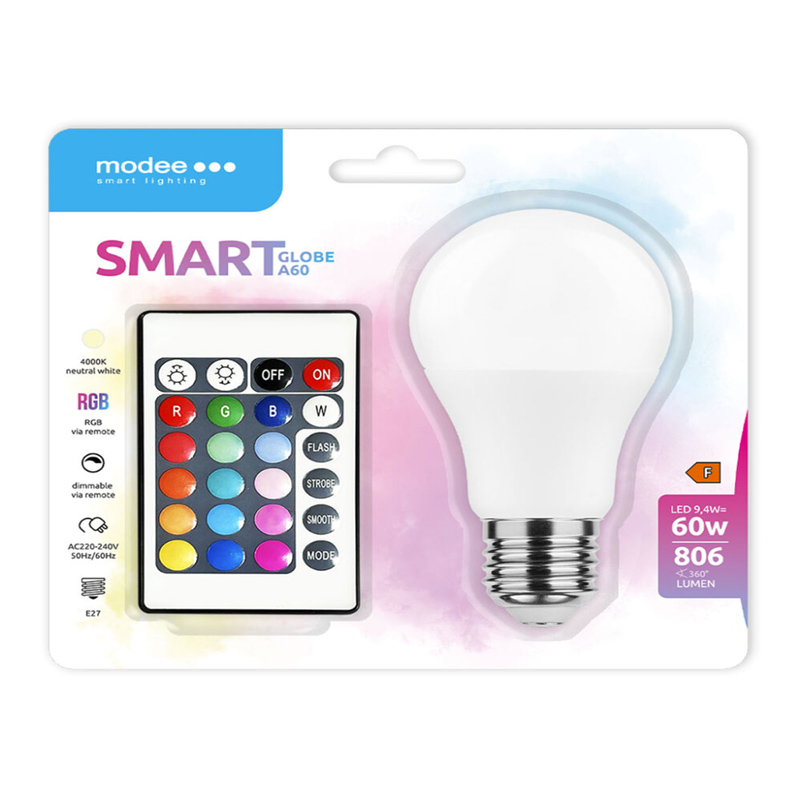 LED lámpa E27 (9.4W/200°) Körte, A60 - RGB+természetes fehér, távirányítható