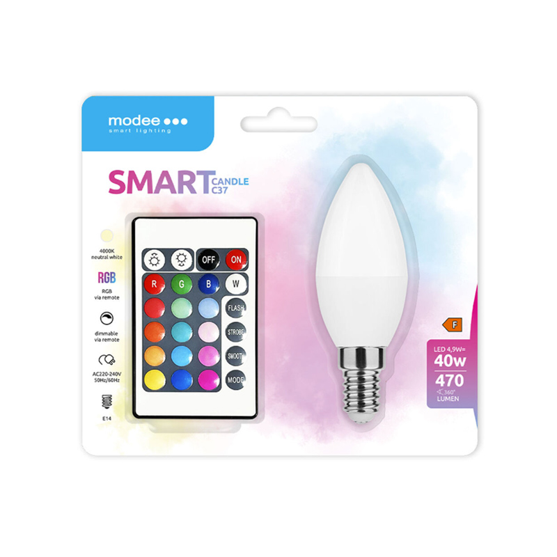 LED lámpa E14 (4.9W/270°) Gyertya - RGB+természetes fehér - távirányítható