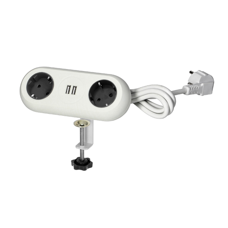 Asztalra rögzíthető hosszabbító 2-es elosztóval (2 földelt + 2 USB) fehér - 1,4 m vezetékkel