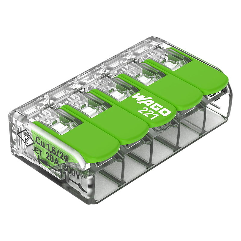 221 Wago Green Range új karos (csatos) vezeték összekötő, 5 x 4mm² vezeték nyílásos