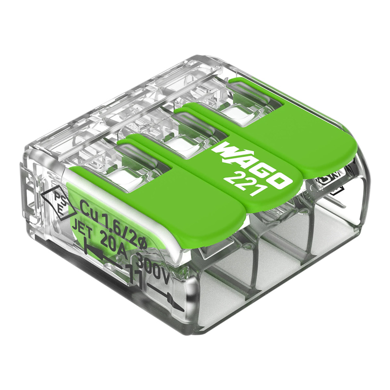 221 Wago Green Range új karos (csatos) vezeték összekötő, 3 x 4mm² vezeték nyílásos