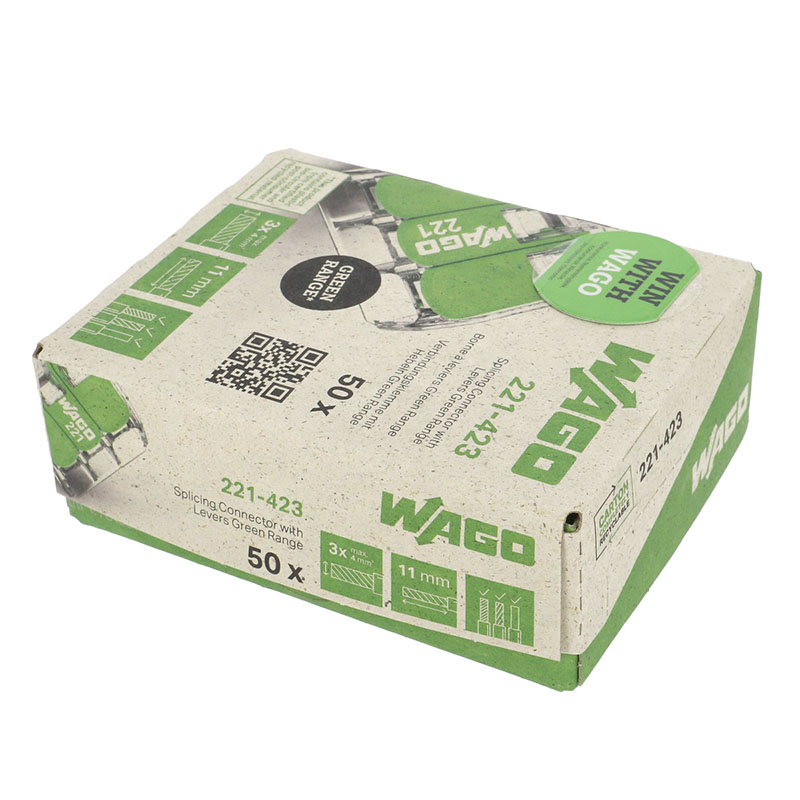 221 Wago Green Range új karos (csatos) vezeték összekötő, 3 x 4mm² vezeték nyílásos (50 db)