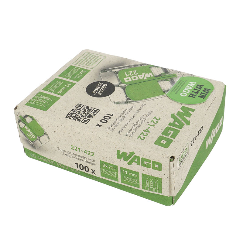 221 Wago Green Range új karos (csatos) vezeték összekötő, 2 x 4mm² vezeték nyílásos (100 db)
