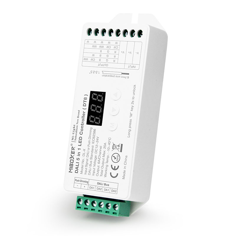 DL-X, DALI 5-in-1 vezérlő többféle LED szalaghoz (egyszínű, WW+CW, RGB, RGBW, RGB+CCT) DT8