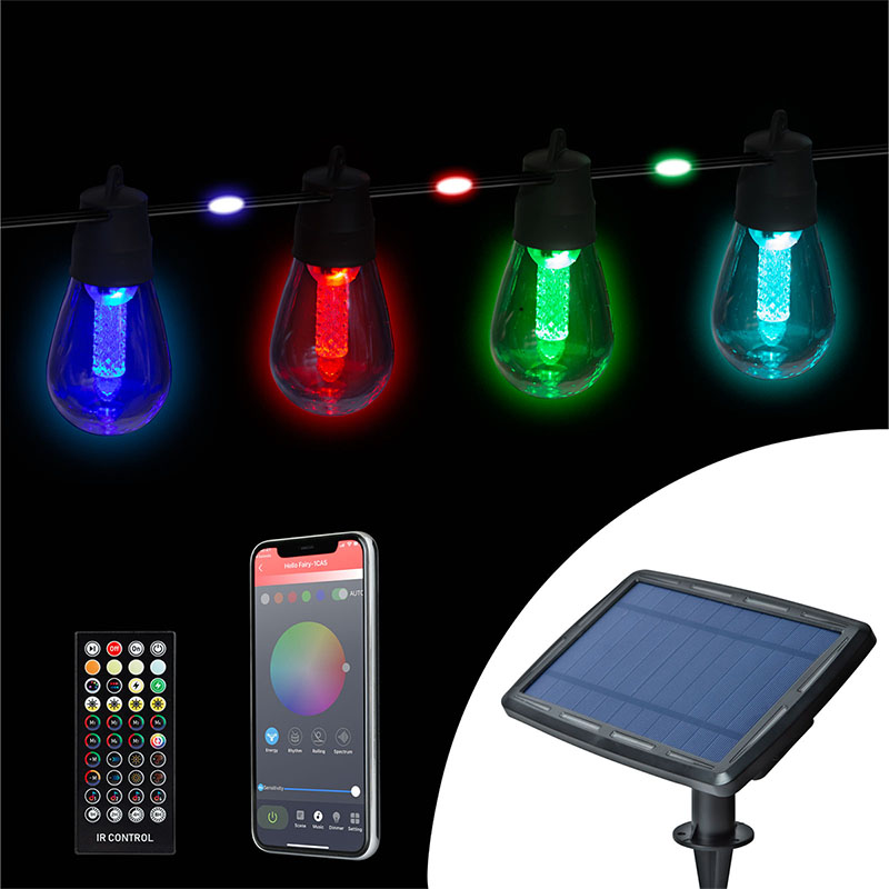 SMART Okos napelemes fényfüzér kültérre, 15 db színes filament izzó + 84 db LED, távirányító + telefonos vezérlés