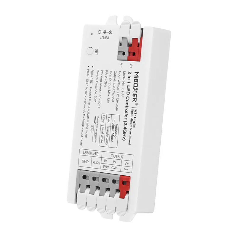 E2-RF 2-in-1 Group Control mini csoport (zóna) vezérlő (egyszínű, CCT LED szalaghoz), karos (csatos) bekötés