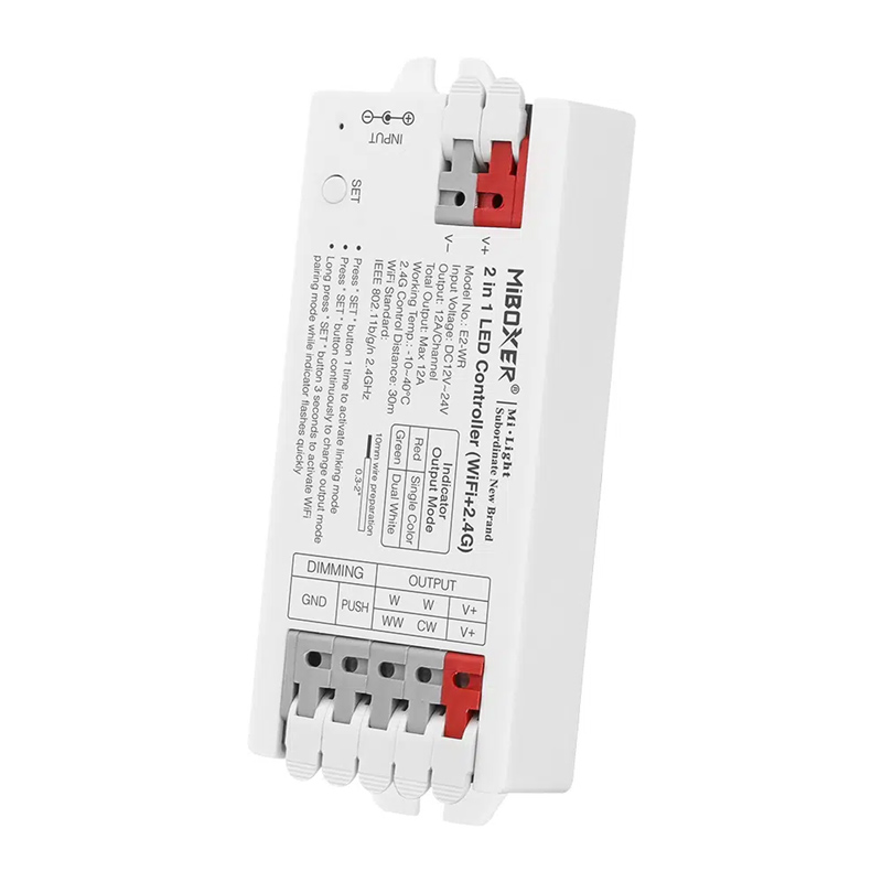 E2-WR 2-in-1 Group Control mini csoport (zóna) WIFI SMART vezérlő (egyszínű, CCT LED szalaghoz), karos (csatos) bekötés