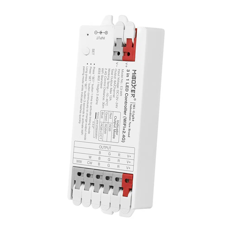 E3-WR 3-in-1 Group Control csoport (zóna) WiFi SMART vezérlő (RGB, RGBW, RGB+CCT LED szalaghoz) karos (csatos) bekötés