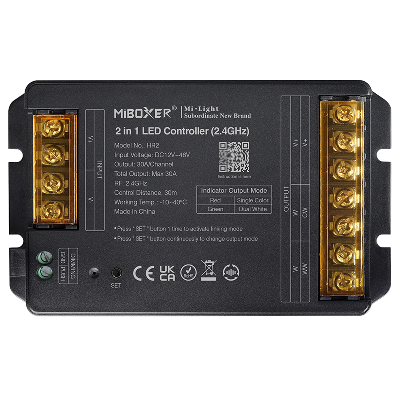 HR2 2-in-1 Group Control csoport (zóna) vezérlő (egyszínű, CCT LED szalaghoz), 12-48V, 30A