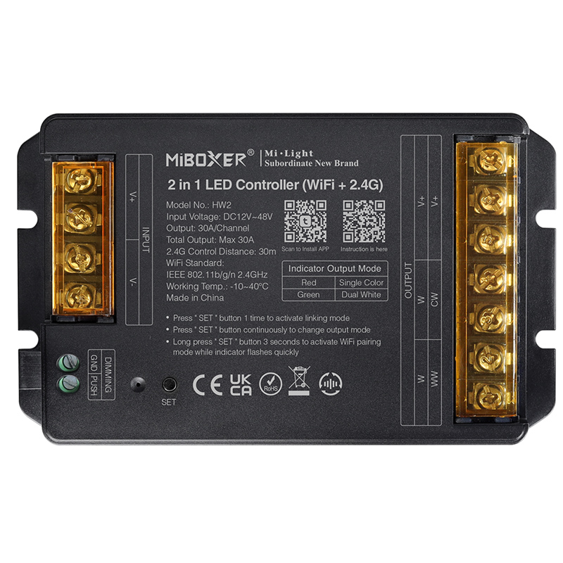 HW2 2-in-1 Group Control csoport (zóna) WIFI SMART vezérlő (egyszínű, CCT LED szalaghoz), 12-48V, 30A